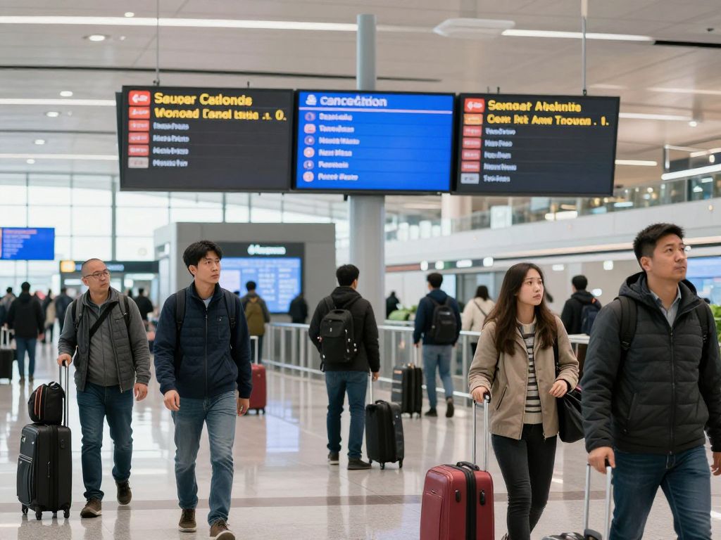 Travelers at Hartsfield-Jackson Atlanta International Airport dealing with flight cancellations due to ice storm.