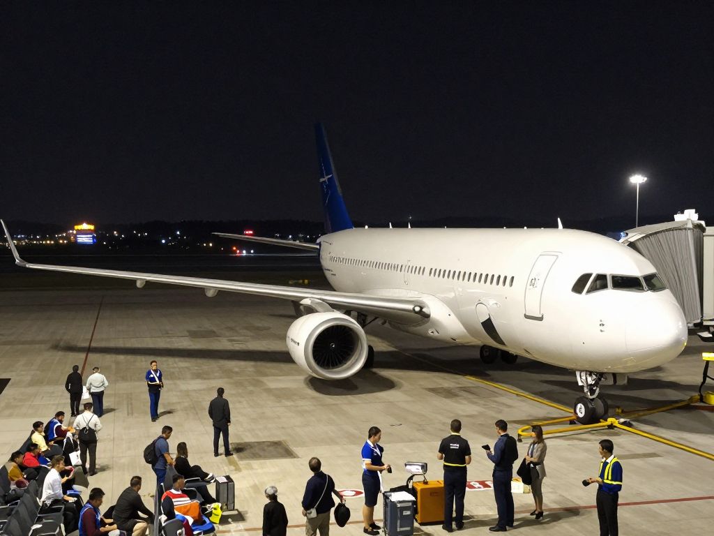 Airport runway at night with airplanes and travelers waiting due to flight delays.