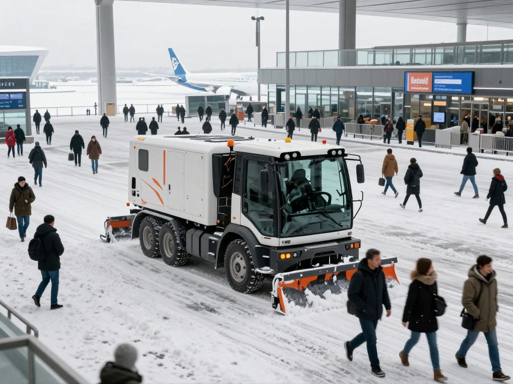 Passengers at Atlanta Airport during winter with snow removal equipment.