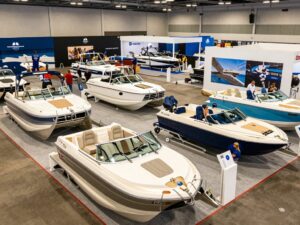 Display of various boats at the Atlanta Boat Show