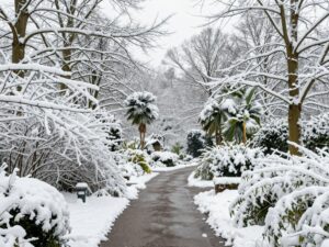 Winter scene of the Atlanta Botanical Garden with snow covering plants.