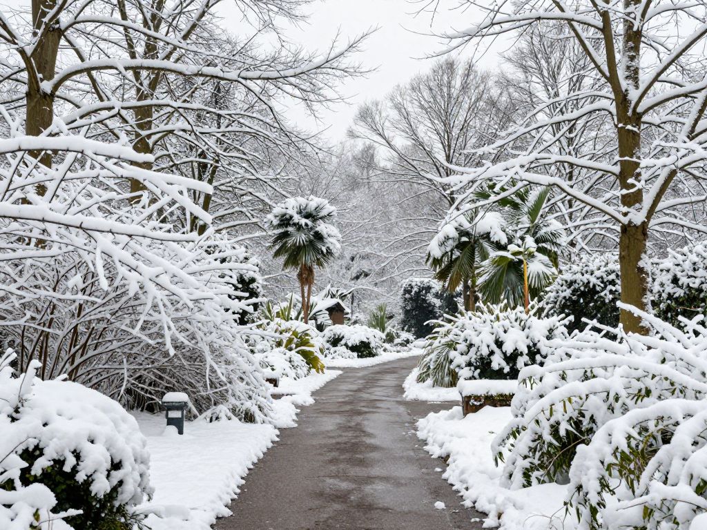 Winter scene of the Atlanta Botanical Garden with snow covering plants.