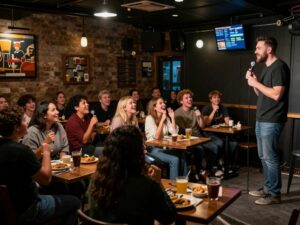 Audience enjoying a comedy show at Halidom Eatery in Atlanta