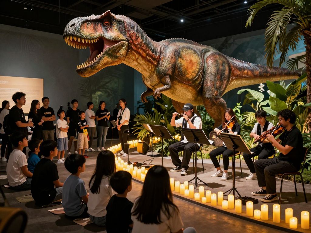 Families at DinoVerse exhibit and attendees at Candlelight concert in Atlanta.