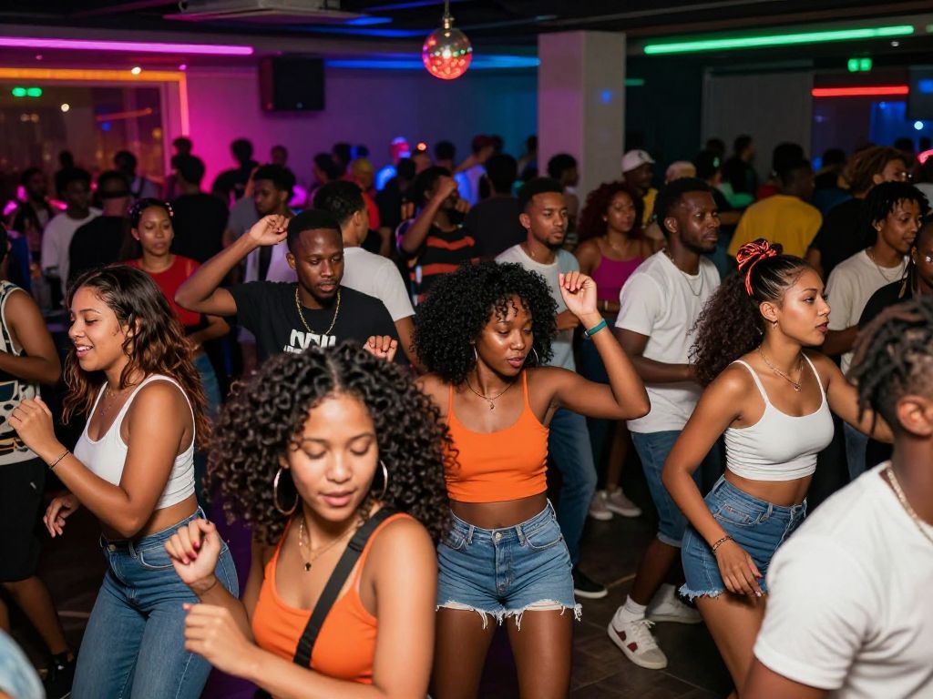 Crowd dancing at a vibrant Atlanta dance party featuring 90s R&B and 2000s Trap music.
