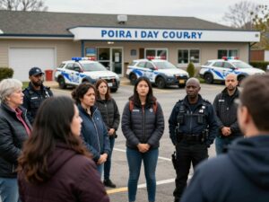 Community members showing concern outside a day care facility.