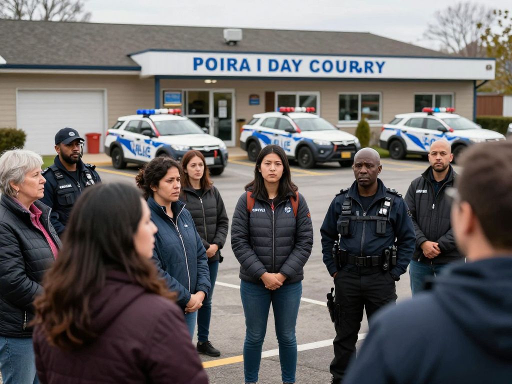 Community members showing concern outside a day care facility.