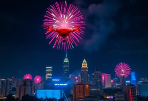 A digital drone display in Atlanta shaped like a peach during New Year's Eve celebrations.