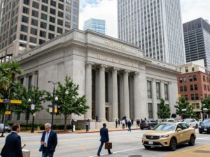 Cityscape of Atlanta showcasing modern banks and business activities