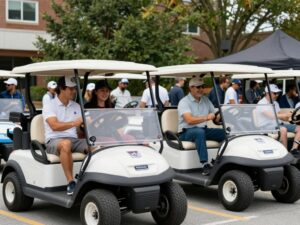 Golf carts from Golf Carts Atlanta and Flamingo Custom Carts on display in Atlanta