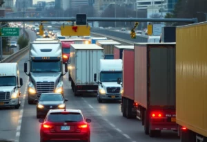 Atlanta highway traffic with commercial trucks during the holiday season
