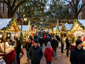Families enjoying holiday festivities in Atlanta with lights and markets.