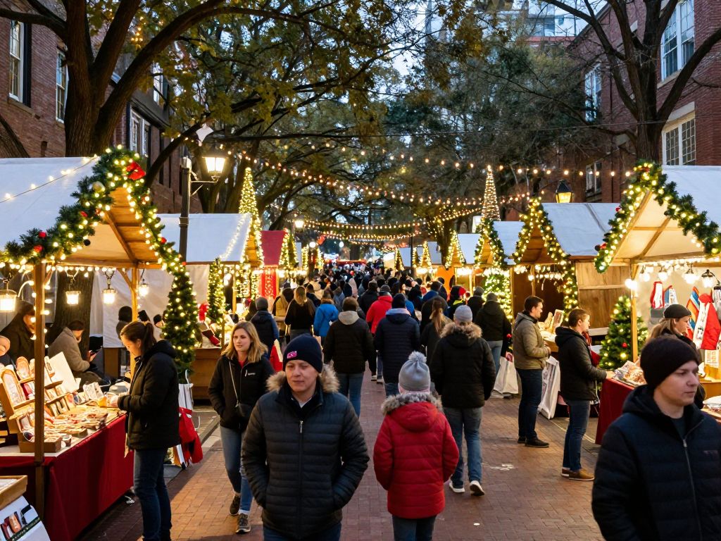 Families enjoying holiday festivities in Atlanta with lights and markets.