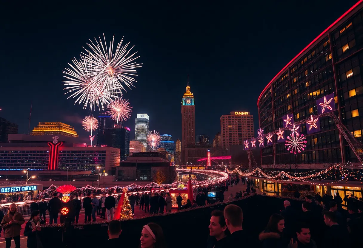 Fireworks display over Atlanta cityscape on New Year's Eve