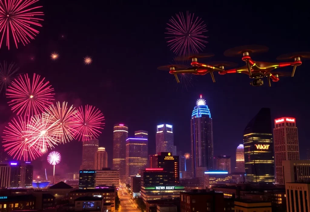 Atlanta skyline celebrating New Year's Eve with fireworks
