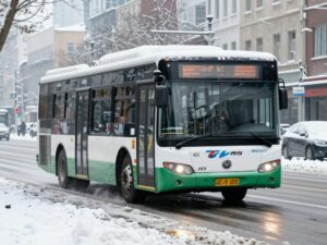 Bus on icy street in Atlanta during winter storm.