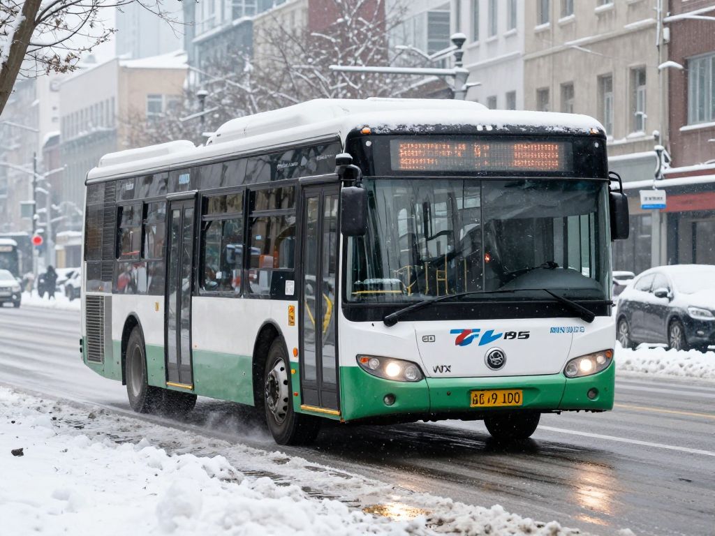 Bus on icy street in Atlanta during winter storm.