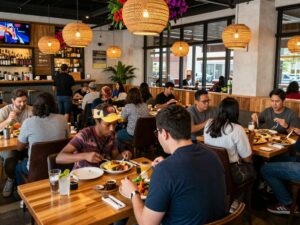 People dining at a restaurant in Atlanta, showcasing culinary diversity.