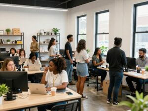 Entrepreneurs collaborating in a bustling Atlanta workspace.