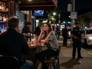 A reflective street scene in Atlanta at night
