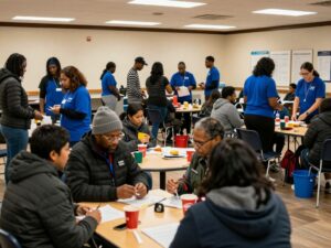 Community members inside a warming center during winter