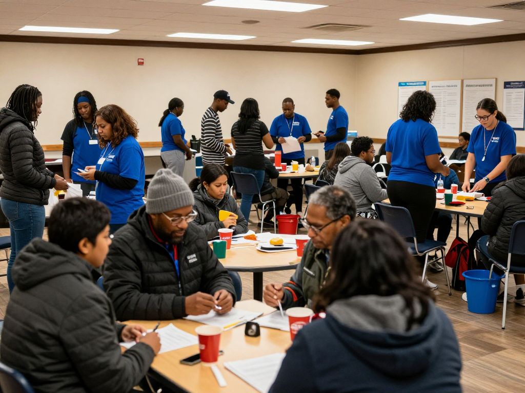 Community members inside a warming center during winter