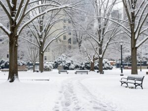 Snow-covered park in Atlanta during winter