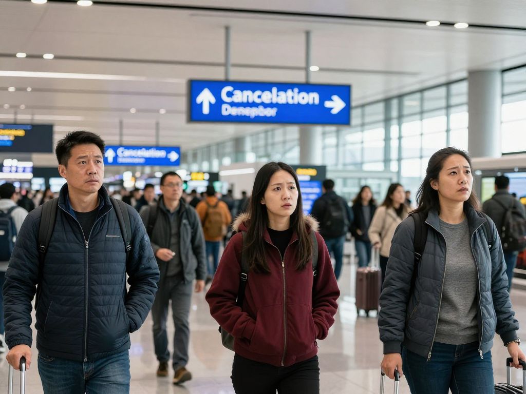 Crowded airport terminal with screens showing flight cancellations