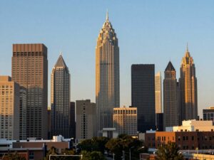 Atlanta skyline representing financial innovation with credit symbols
