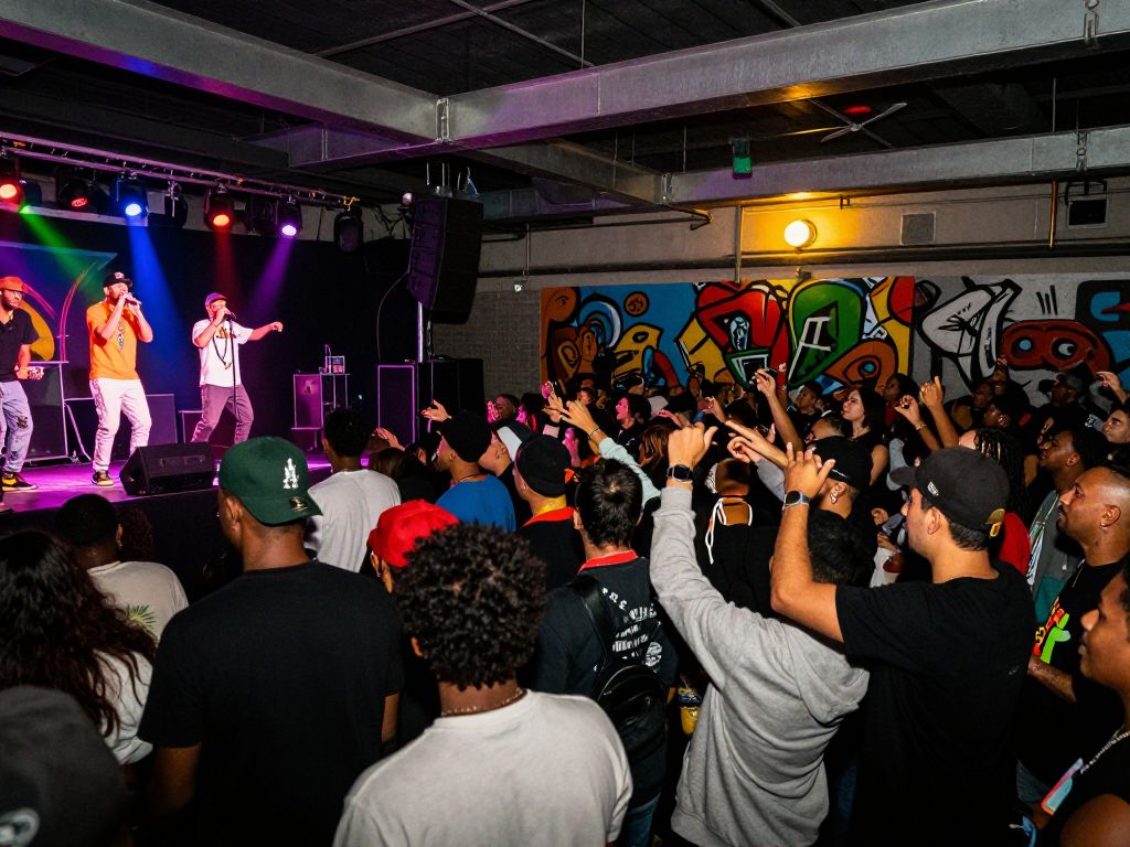 A lively Hip Hop concert in Atlanta featuring a diverse audience.