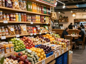 Interior view of the Bazaar International Market and Cafe with various international foods and a cozy cafe area.
