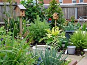 A beautiful bird-friendly garden in an urban setting with native plants.
