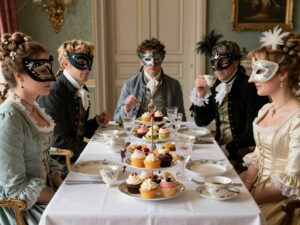 Guests enjoying a Regency-themed masquerade tea party with elegant decor