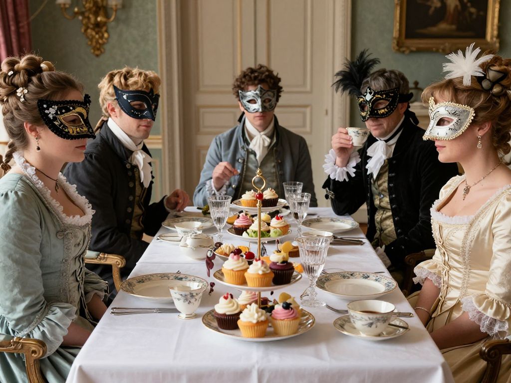 Guests enjoying a Regency-themed masquerade tea party with elegant decor