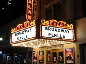 The marquee of the Fox Theatre in Atlanta showcasing Broadway show titles.