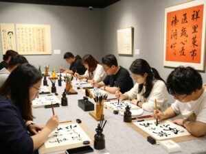 Participants engaging in a calligraphy workshop at Mimms Museum