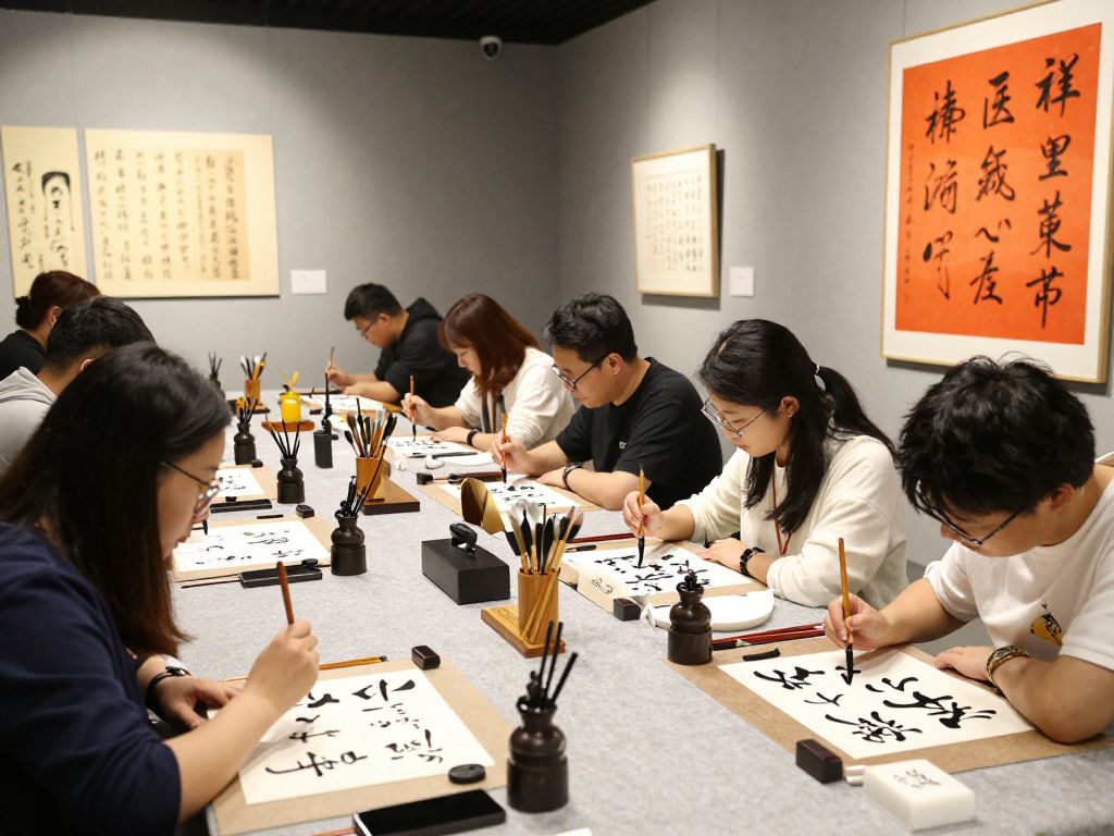 Participants engaging in a calligraphy workshop at Mimms Museum