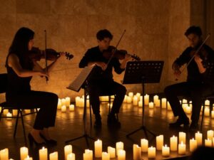 Musicians performing at a candlelit concert
