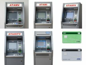 Visual representation of ATMs and EBT cards with security features against fraud.