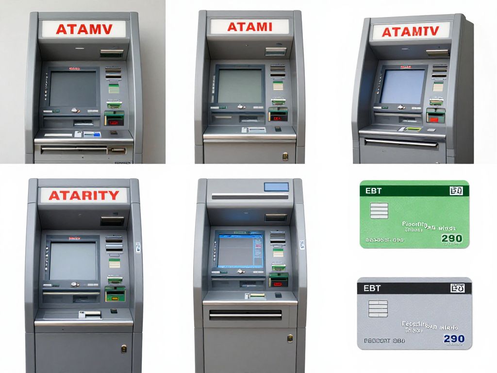 Visual representation of ATMs and EBT cards with security features against fraud.
