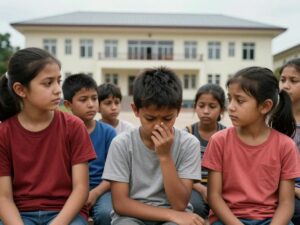 Children surrounded by social workers and supportive adults