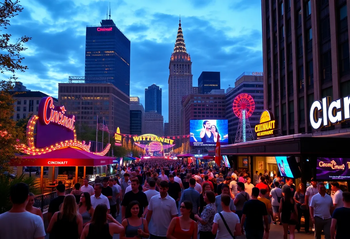 A bustling scene in Cincinnati featuring entertainment attractions and vibrant crowds.