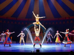 A stunning performance of Cirque du Soleil’s LUZIA featuring acrobatics and colorful costumes.