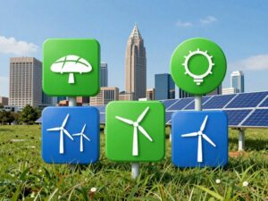 Abstract depiction of clean energy advocacy with Atlanta skyline