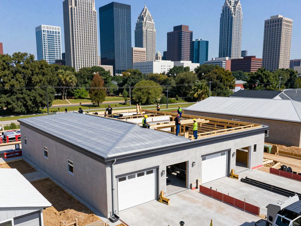 Construction workers installing roofing and gutters in Georgia