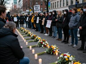 A peaceful vigil with candles and flowers for the victim of an ICE shooting.