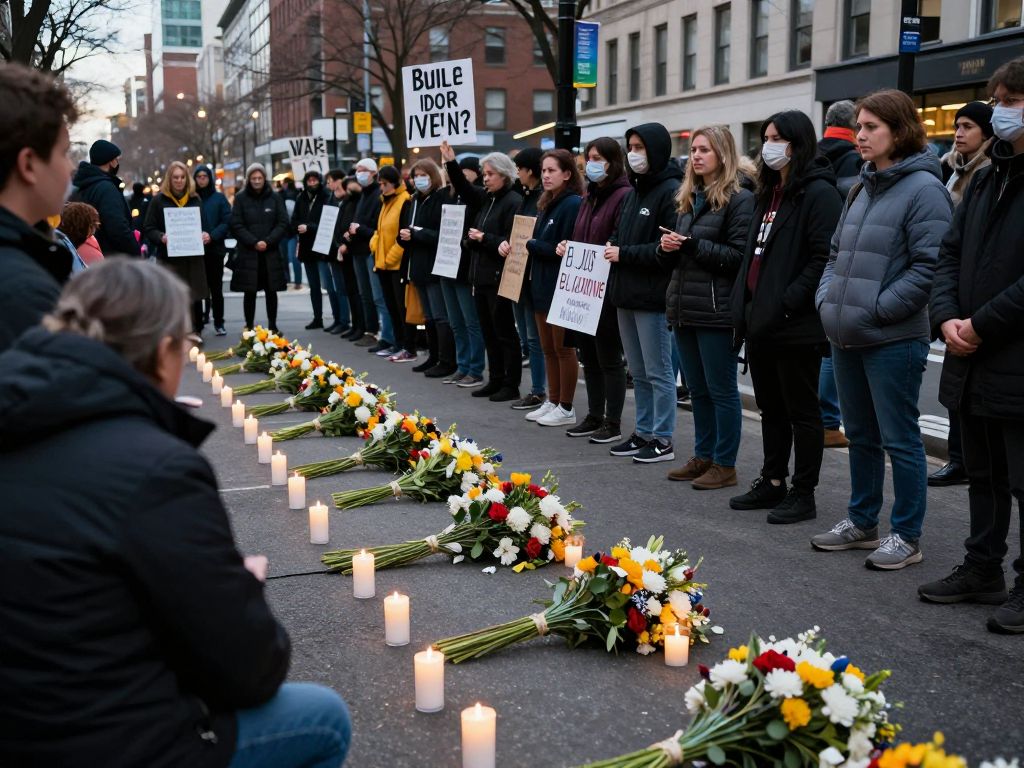 A peaceful vigil with candles and flowers for the victim of an ICE shooting.