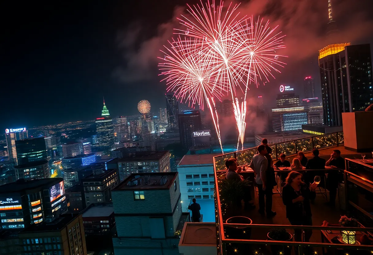 Fireworks and drone display over Atlanta during Countdown Over ATL