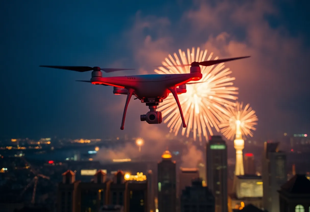 Drone display and fireworks during Atlanta's New Year's Eve Countdown Over ATL event.