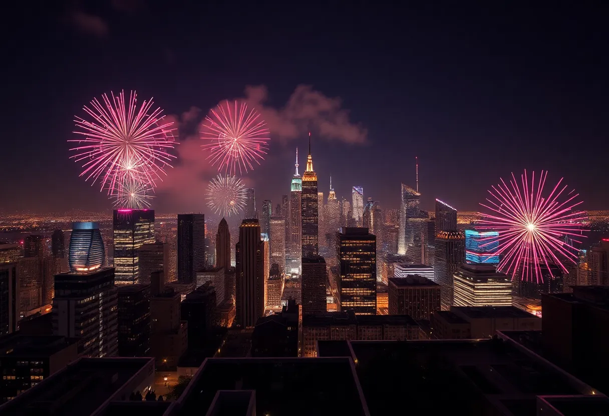Fireworks and drone display over Atlanta city skyline for New Year's Eve celebration.